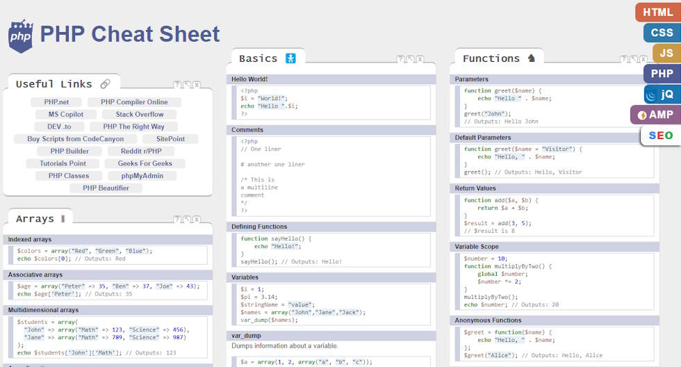 php cheat sheet screenshot