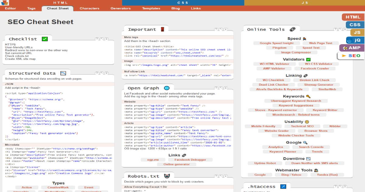 online seo cheatsheet
